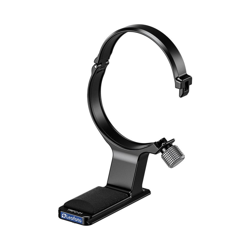 Black lens collar support stand shown from side angle, displaying padded base, curved bracket, and adjustment mechanism with microphone-style attachment.