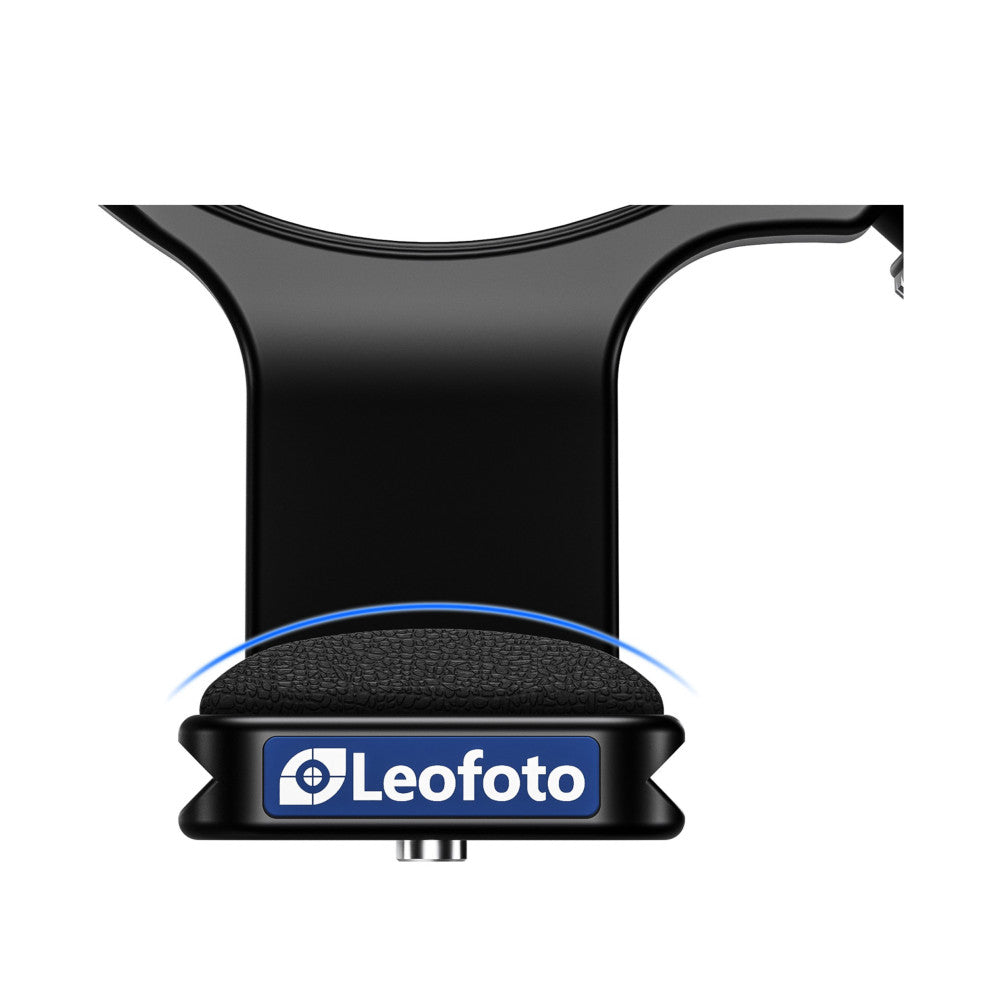 Top-down view of black Leofoto lens collar with textured grip surface and blue brand nameplate on mounting ring.