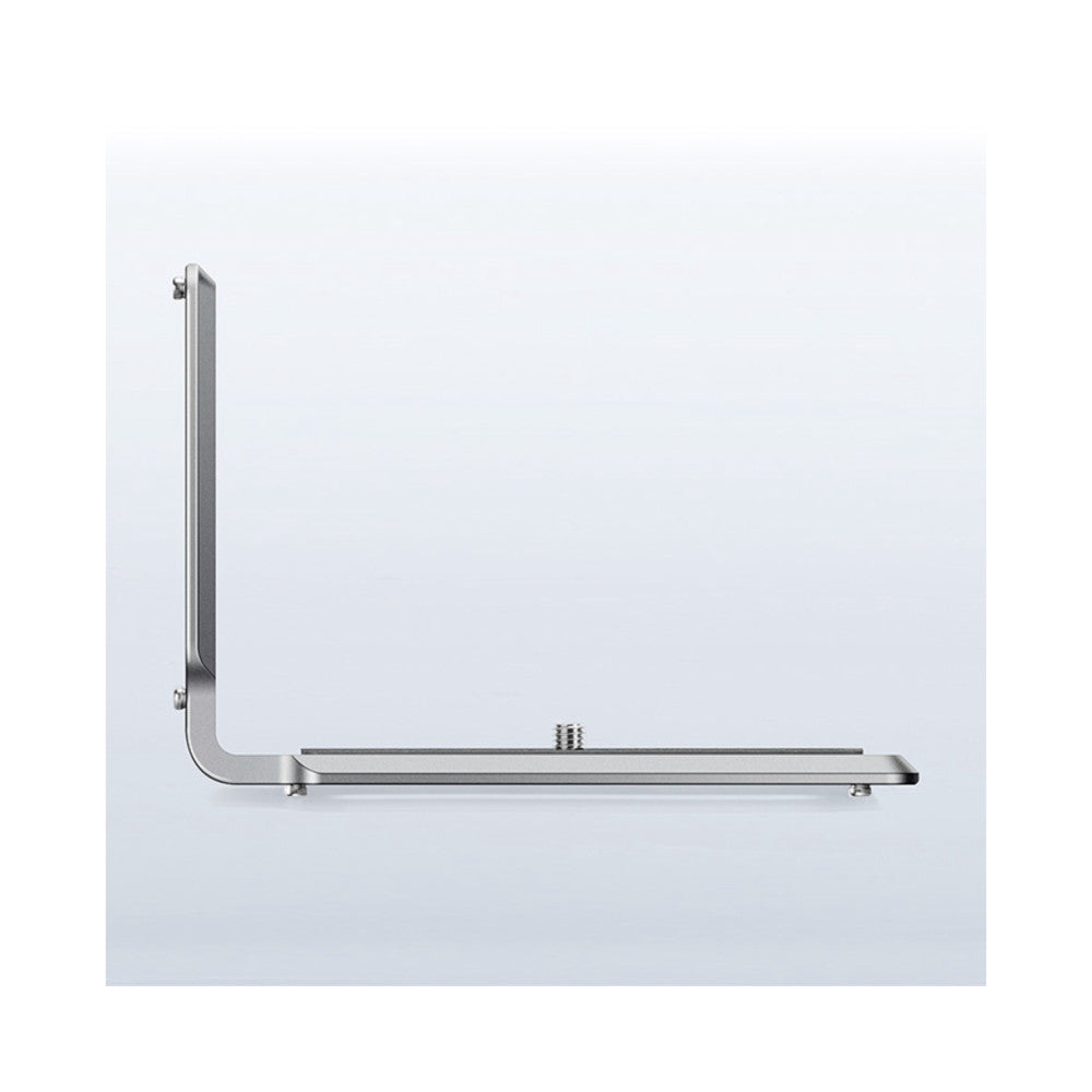 Side view of a silver titanium L-bracket showing the vertical and horizontal arms with mounting points and adjustment screw.