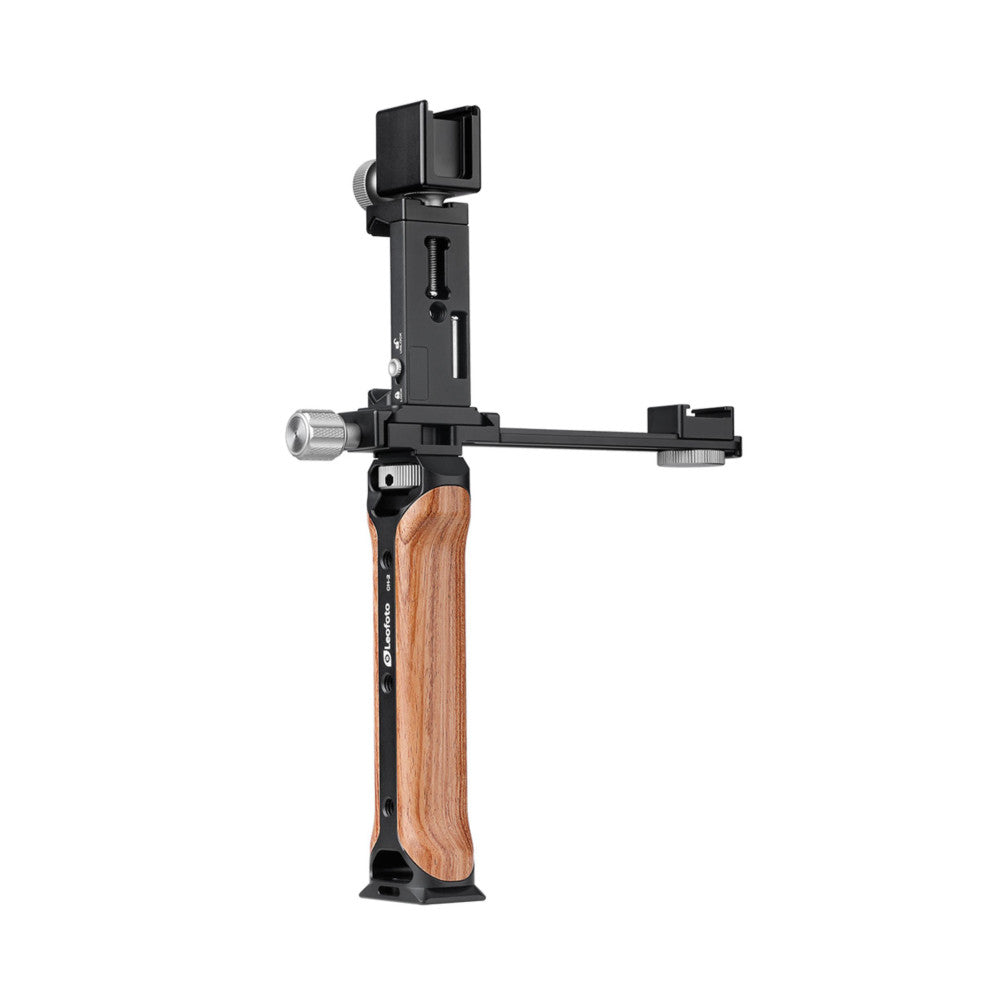 Leofoto VC-1 kit shown from side view, displaying wooden grip base, articulating arm, and smartphone holder mount against white background.