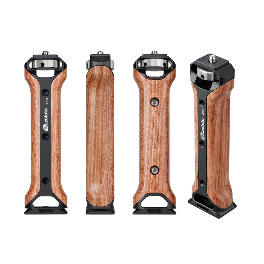 Four views of a wooden camera grip handle showing front, back, and side perspectives with black metal components and tripod mount.