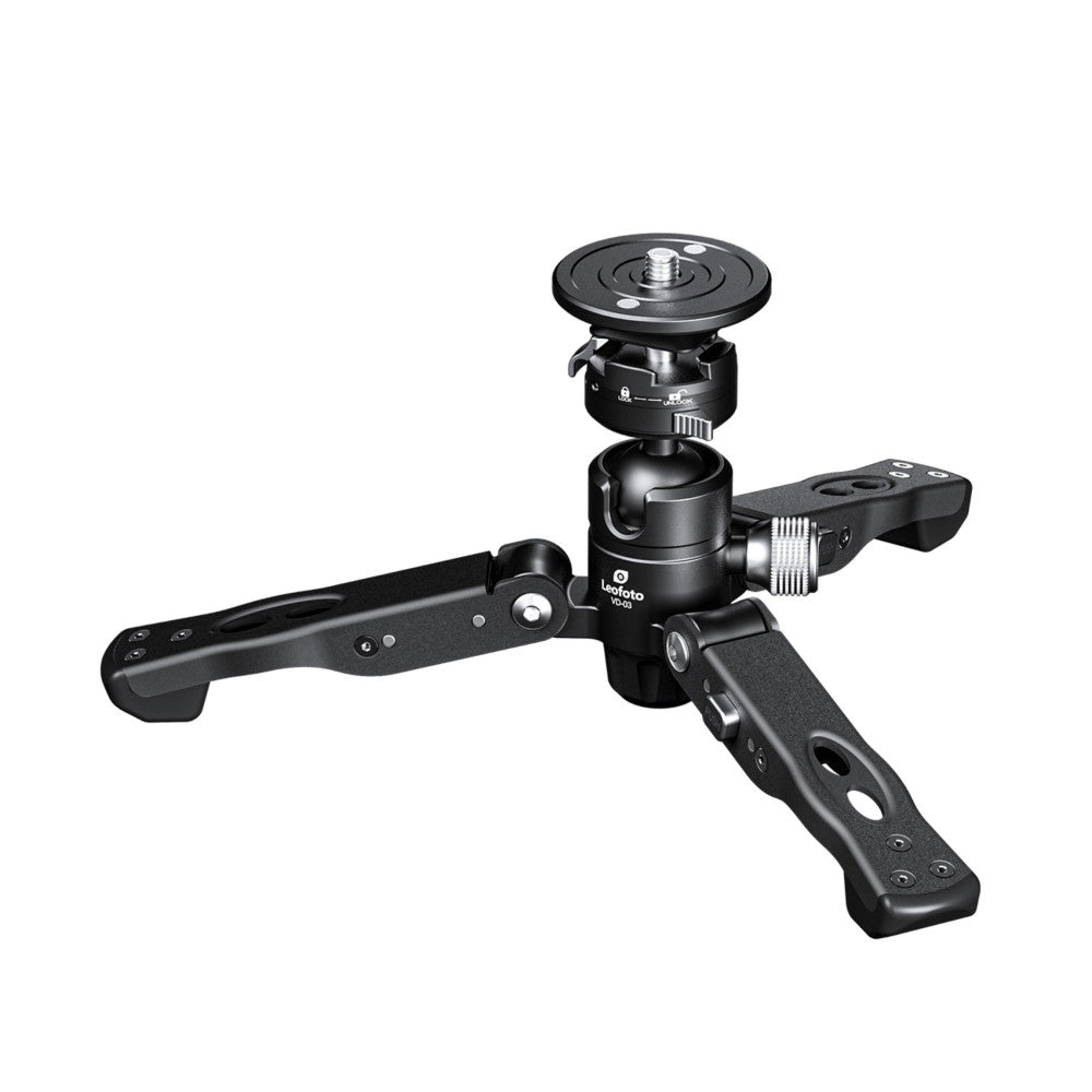 Black tripod stand with ball head and quick release plate shown from angled front view against white background.