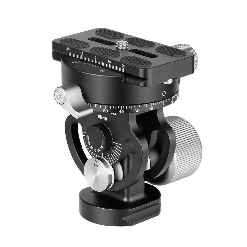 Black and silver monopod head with two-way panning capability, shown at a 3/4 angle against white background, displaying calibrated scales and adjustment knobs.