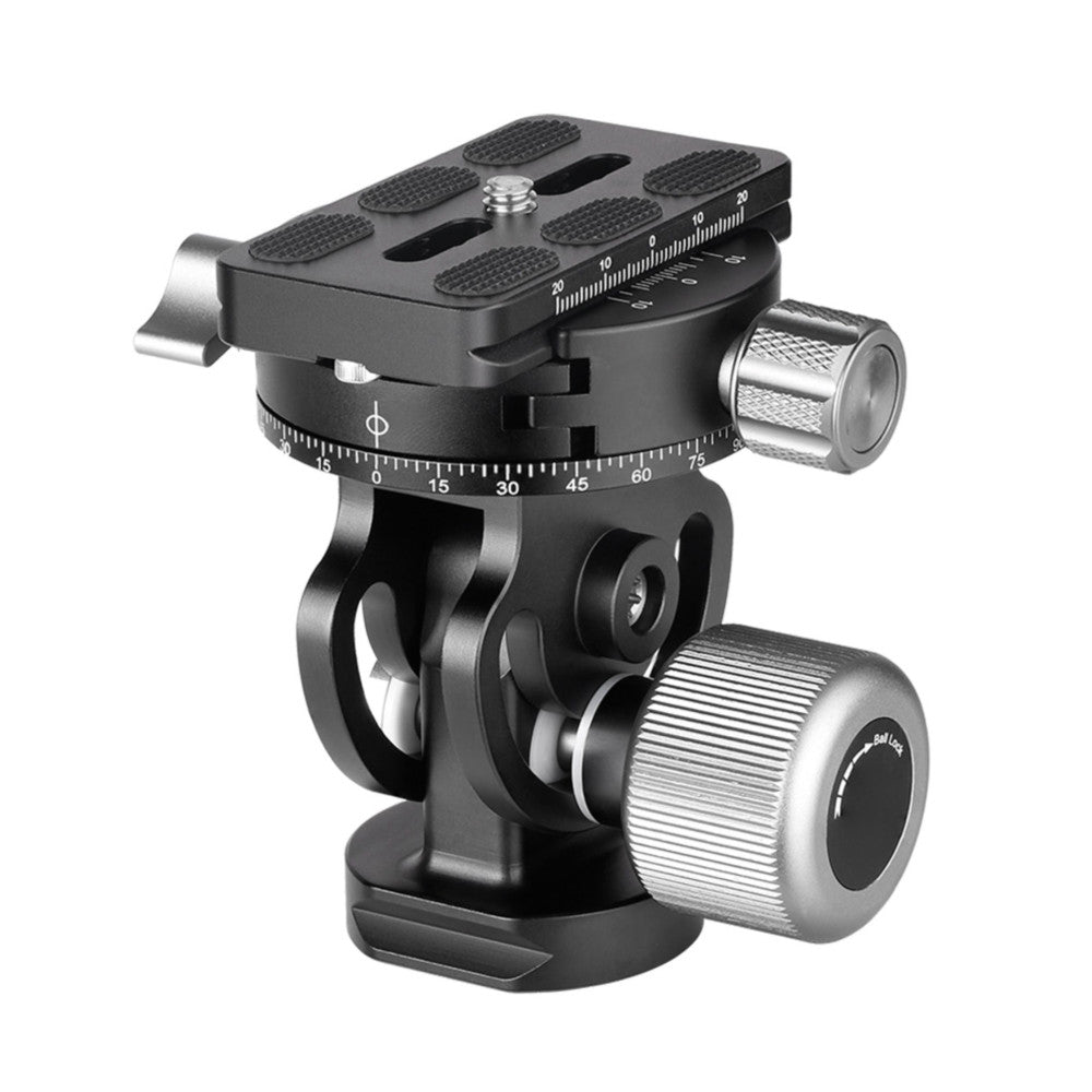 Three-quarter view of a black and silver two-way monopod head with panoramic rotation dial, quick-release plate, and pan handle against white background.
