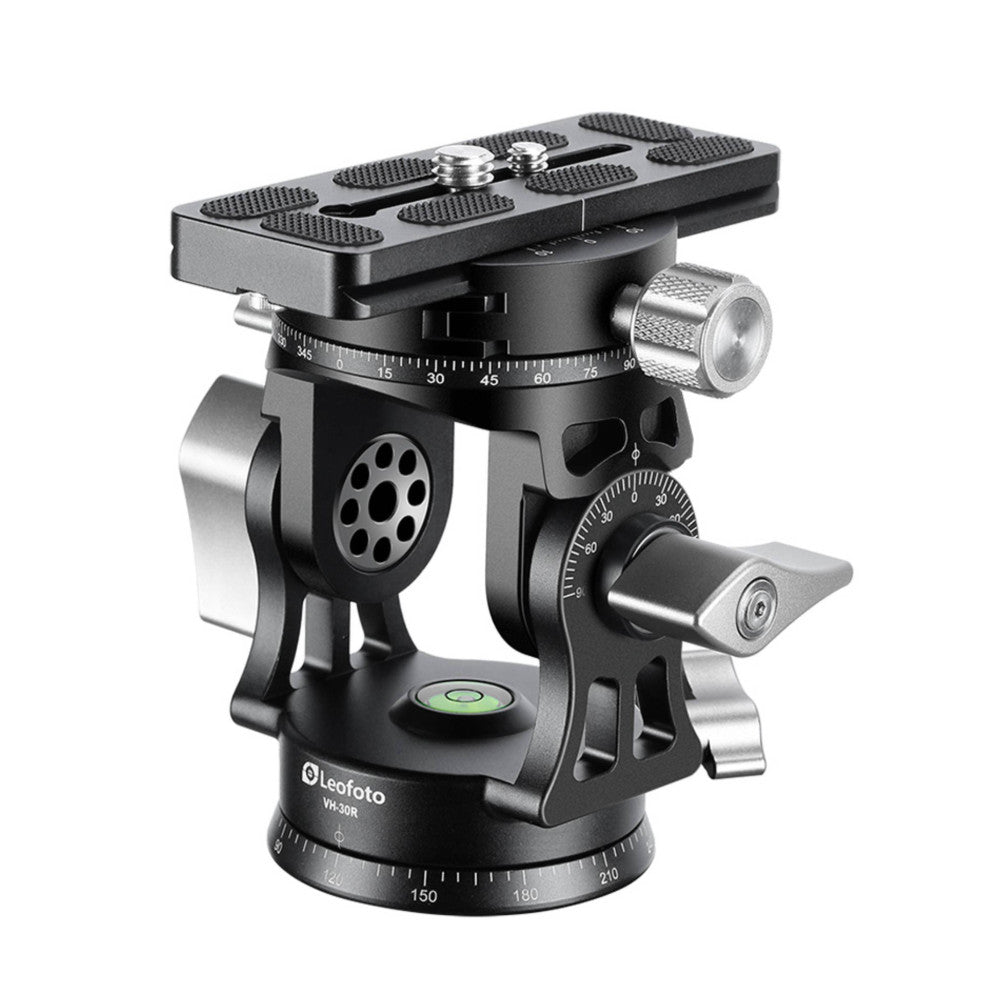 Leofoto VH-30R monopod head shown from an angled side view, displaying dual pan and tilt controls with degree markings and a quick-release plate on top.