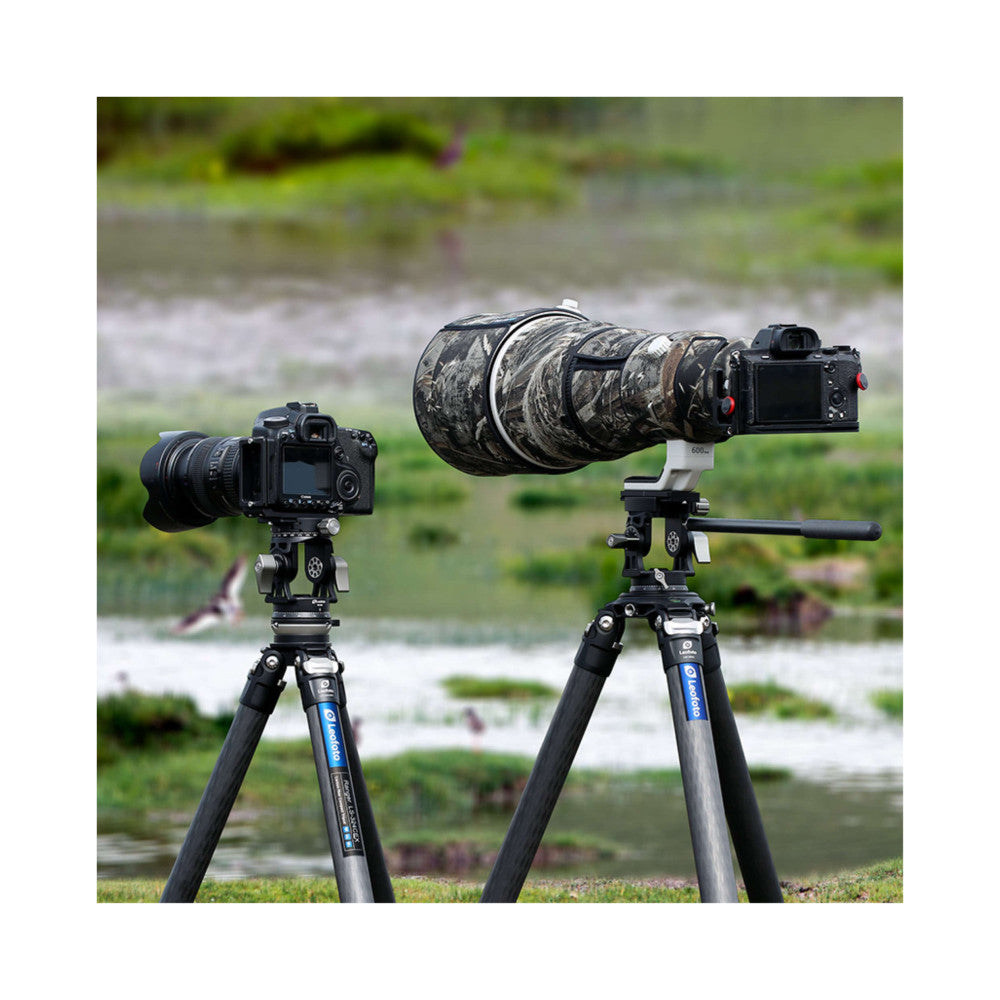 Two cameras on tripods with telephoto lenses in outdoor wetland setting, demonstrating monopod head stability and camera mounting capability.