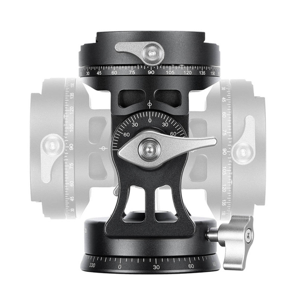 Front view of black and silver monopod head showing dual panoramic scales, adjustment knobs, and mounting plate against white background.