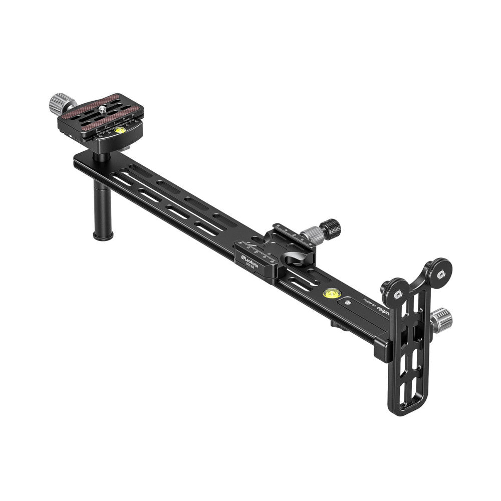 Black aluminum rail system with tripod head mount on left and lens support bracket on right, shown from above at an angle.