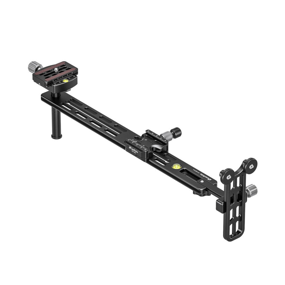 Black camera rail support system with ball head on left, sliding friction arm in center, and adjustable foot on right, shown at angled side view against white background.