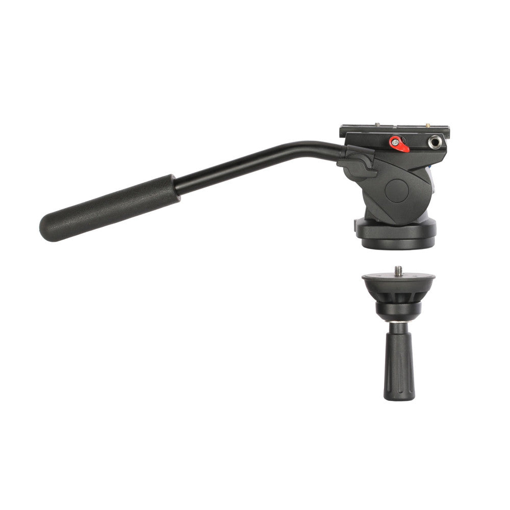 Disassembled video tripod kit showing fluid head with pan handle and separate ball base component against white background.