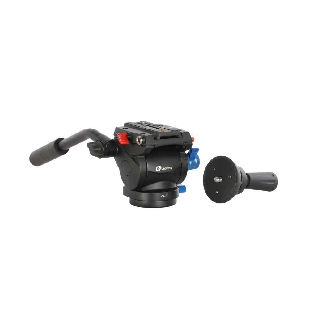 Leofoto VT-20 video head with fluid pan-tilt mechanism and quick-release plate, shown from a three-quarter view against a white background.