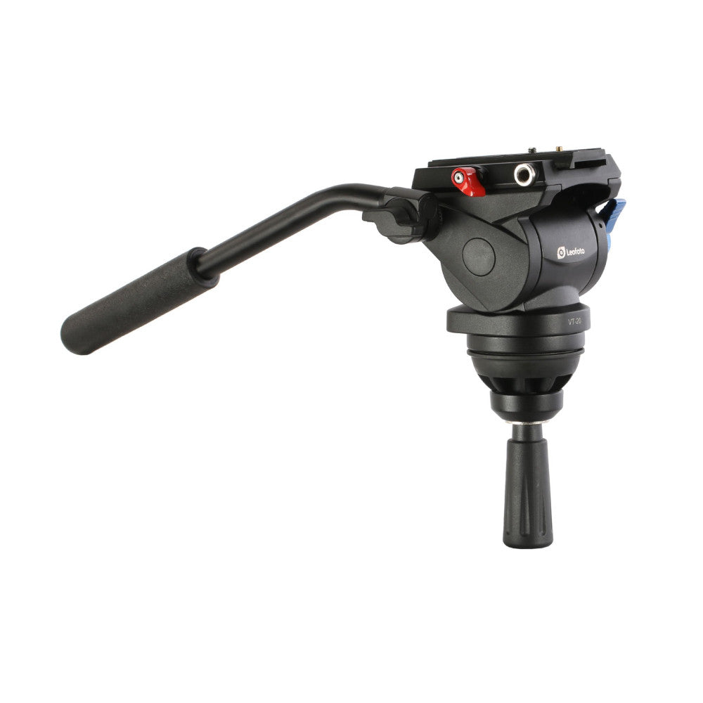 Black video tripod head with fluid pan-handle and adjustable legs shown at three-quarter angle against white background.