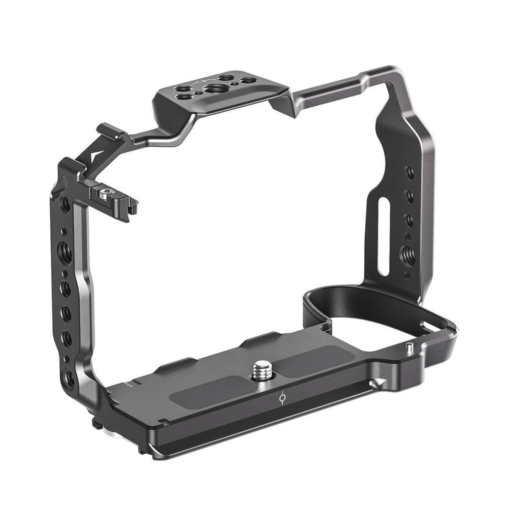 Black aluminum camera cage with top handle and side rails, shown in three-quarter view against white background.
