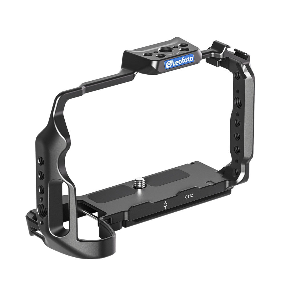 Black aluminum camera cage with Leofoto branding, shown in 3/4 view displaying the frame structure, top handle, side rails, and bottom plate labeled X-H2.