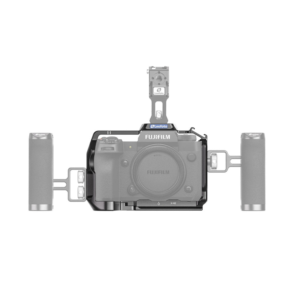 Top-down view of Leofoto X-H2 camera cage mounted on Fujifilm X-H2 with side handles and top-mounted monitor bracket attached.