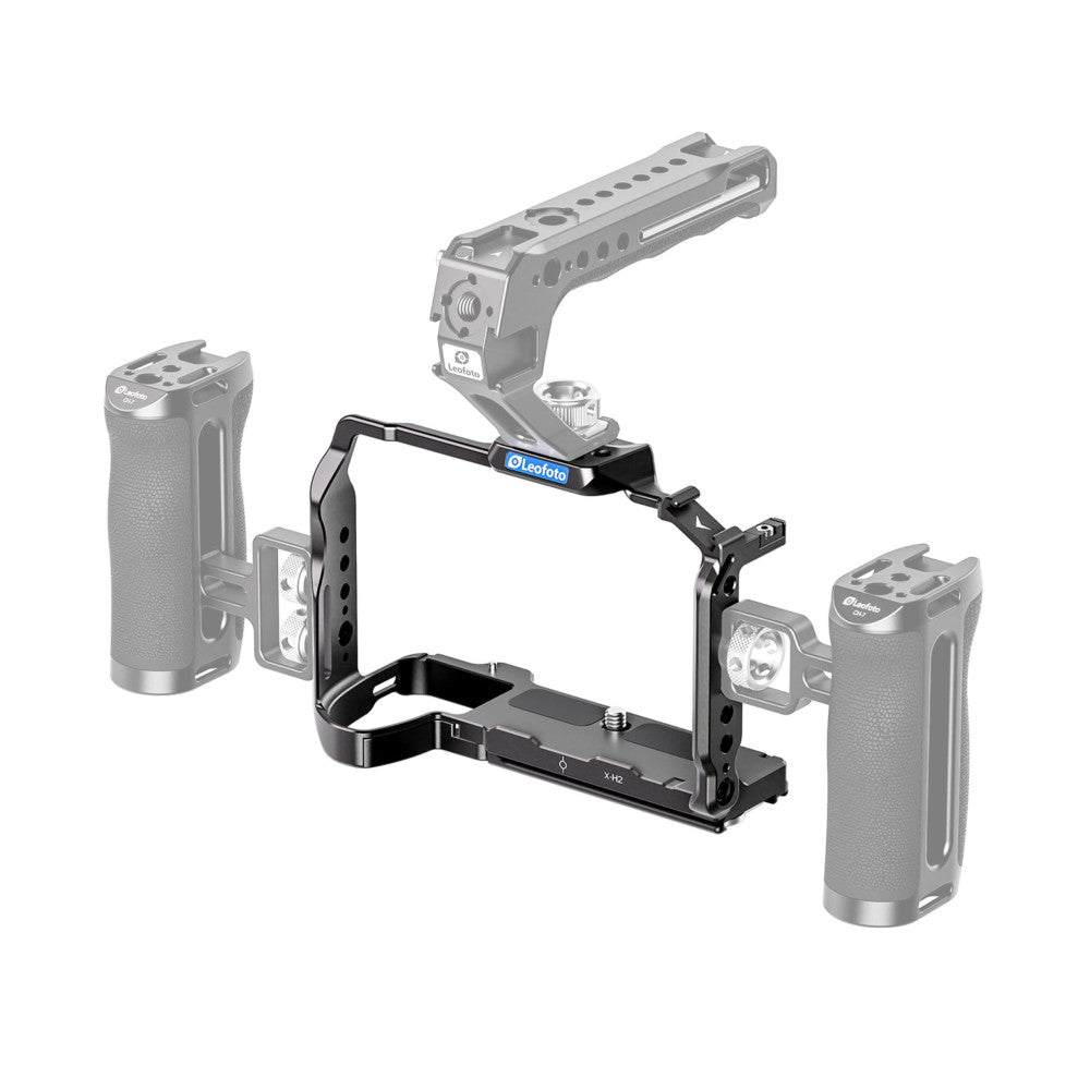 Leofoto X-H2 camera cage displayed in exploded view showing modular components including side handles, top bracket, and baseplate against white background.