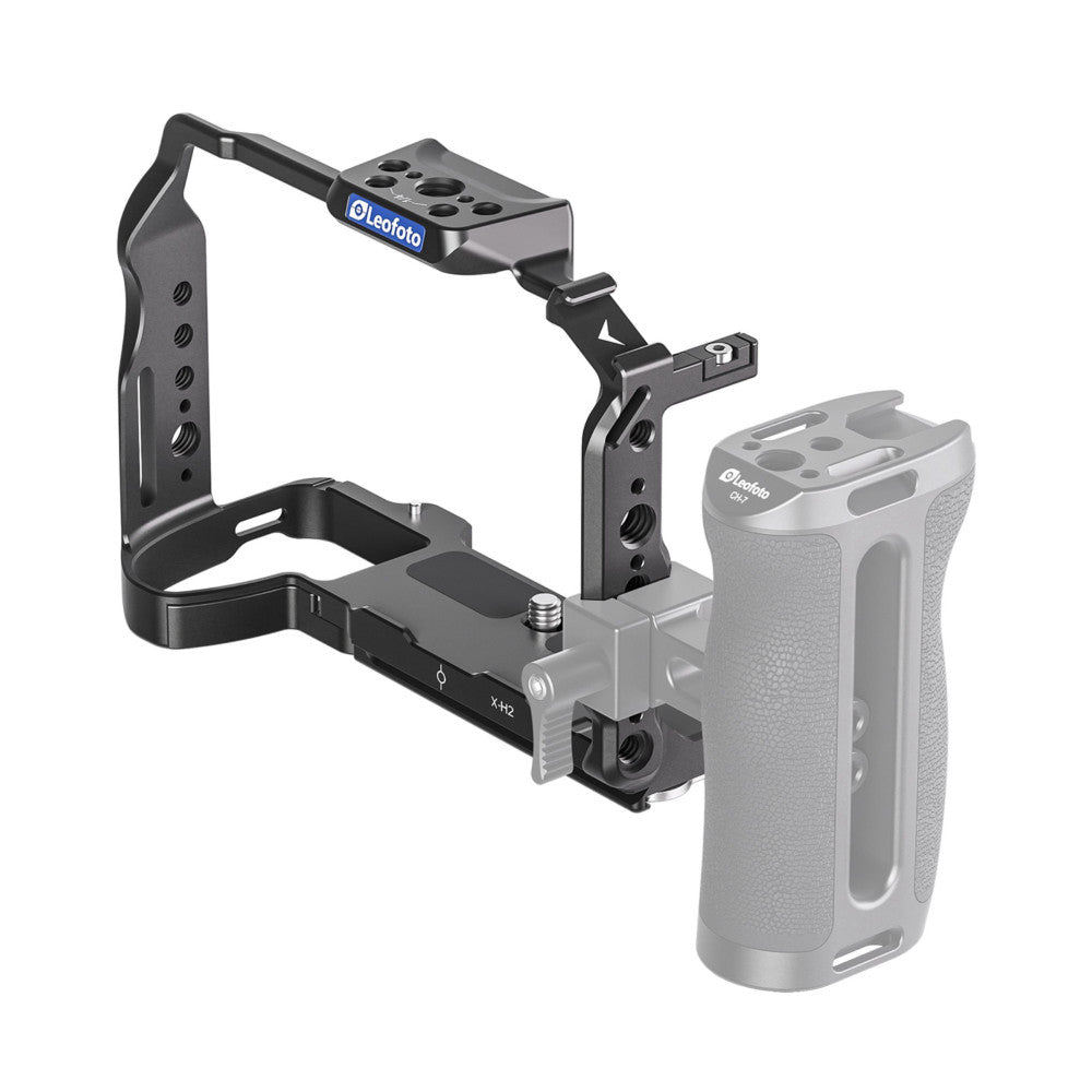 Leofoto camera cage assembly shown from side angle with handle, top plate, and right-side grip attached to gray camera body.