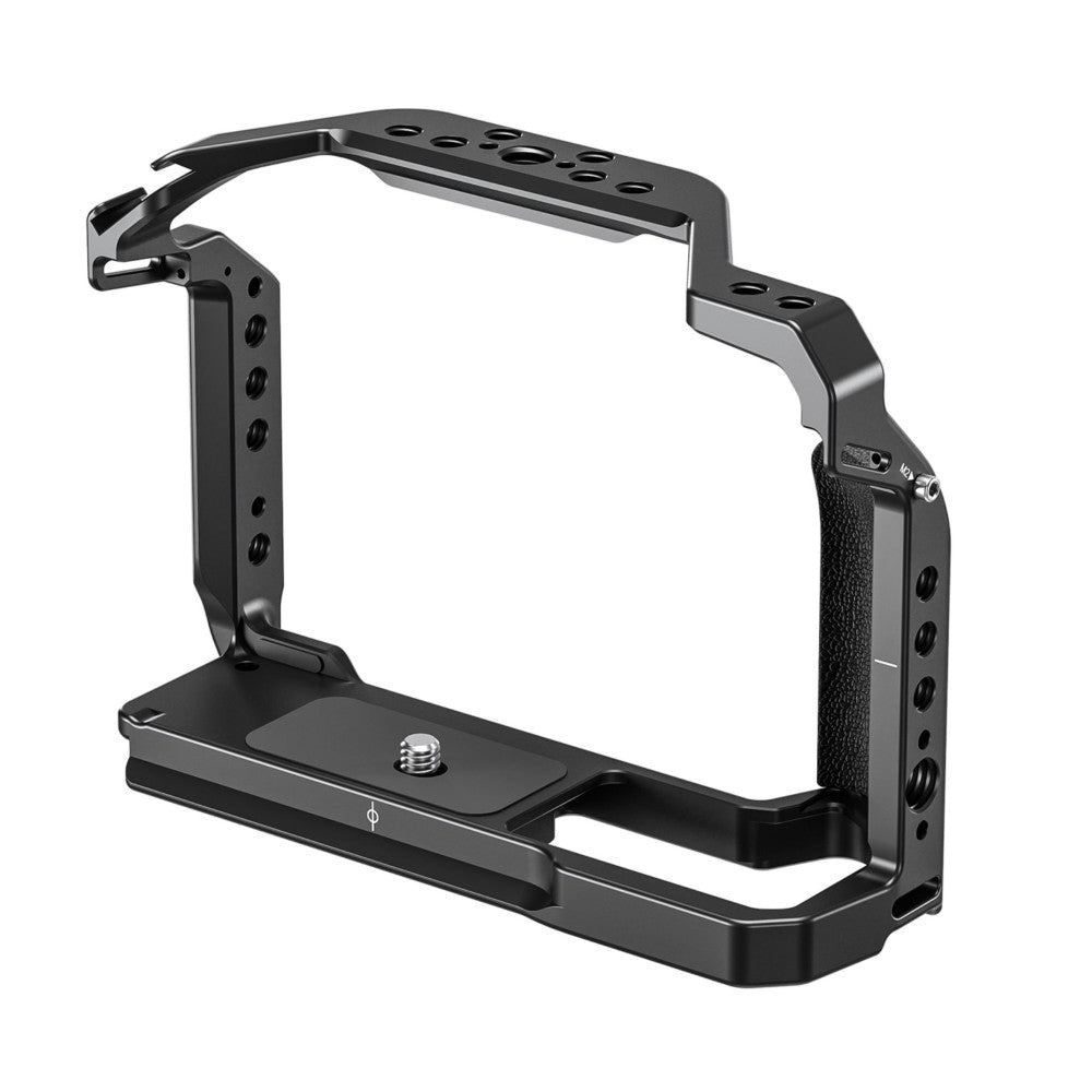 Black aluminum camera cage with top handle and side grip, shown in isometric view against white background.