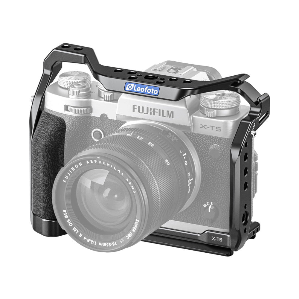 Black aluminum camera cage mounted on a Fujifilm X-T5 camera, shown from a three-quarter front view with top handle visible.