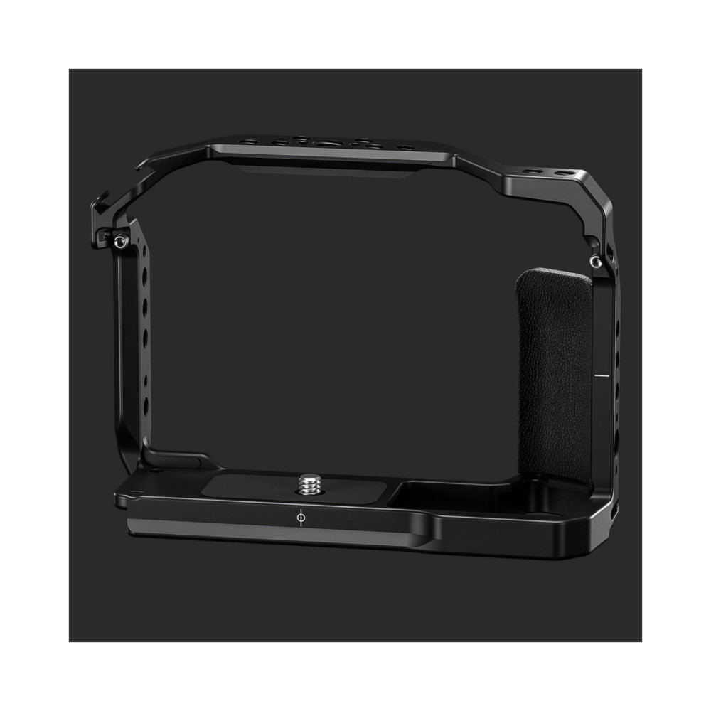 Black aluminum camera cage with adjustable side handle and mounting points, shown at three-quarter angle against dark background.