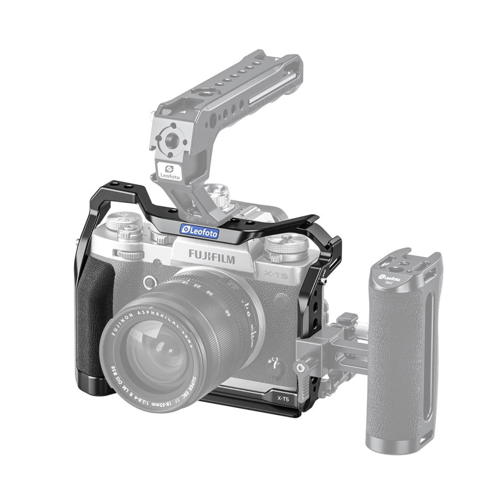 Leofoto cage system for Fujifilm X-T5 shown with camera body, top handle, side grip, and flash mount from multiple angles.