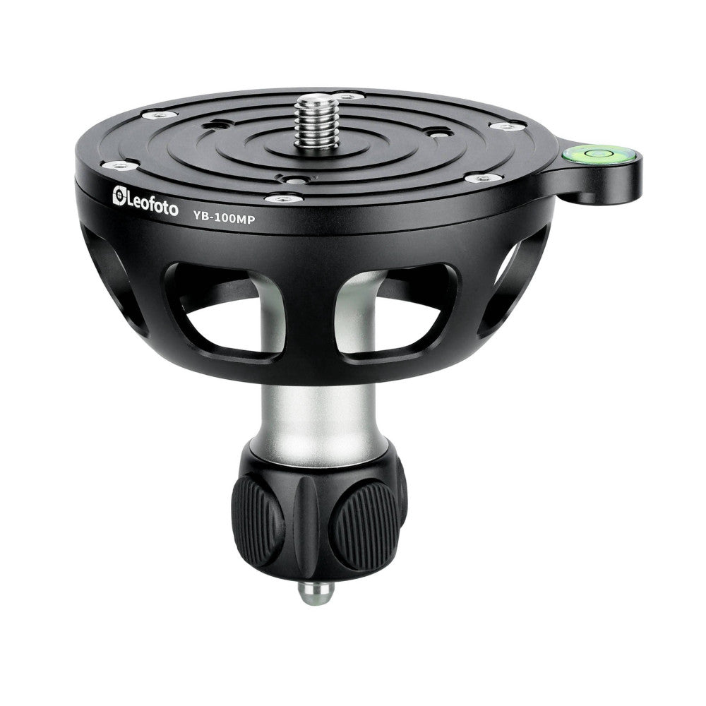 Black tripod leveling base with circular plate, central screw mount, and side handle with bubble level, shown in front three-quarter view against white background.