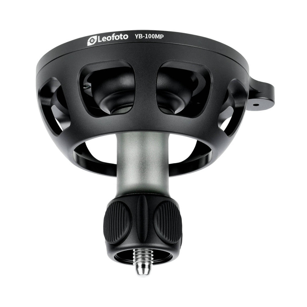 Top-down view of Leofoto YB-100MP black tripod ball head with dual eyepieces and threaded mounting base against white background.