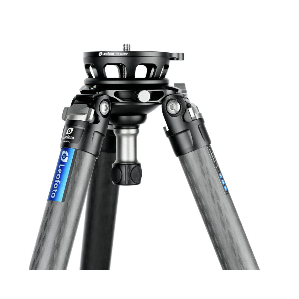 Leofoto YB-75MP leveling base with gray carbon fiber legs and black ball head, shown from front-facing angle against white background.