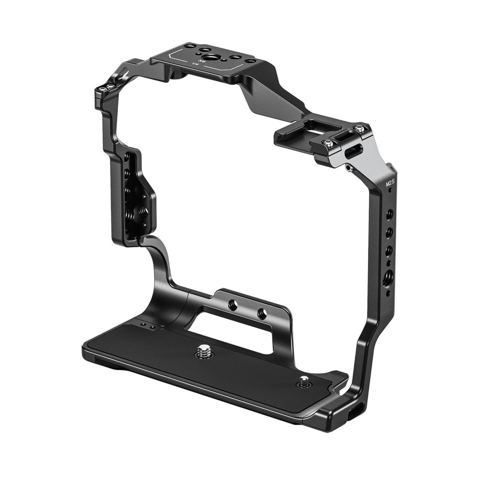 Black aluminum camera cage with top handle and bottom baseplate shown in three-quarter view against white background.