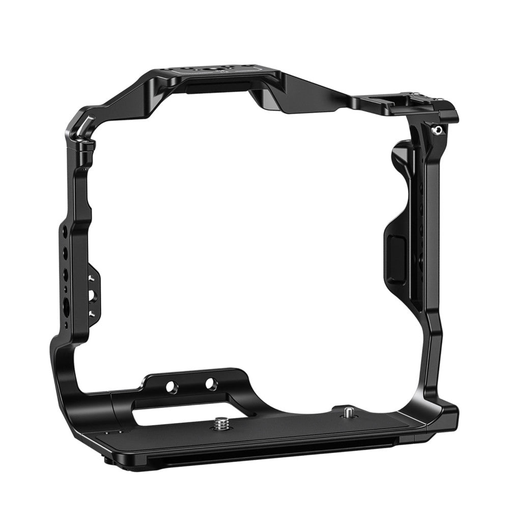 Black aluminum camera cage frame shown from front-angled view, displaying protective bars, mounting base plate, and side rails with adjustment points.