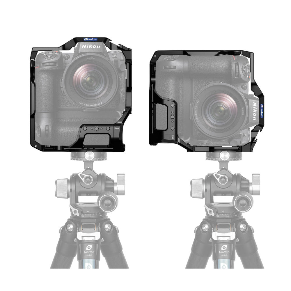 Two views of black camera cage mounted on Nikon Z9, shown front and side angles with tripod head below each setup.