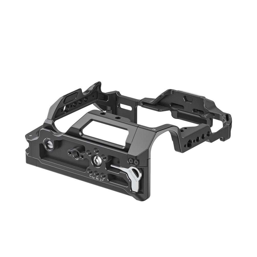 Black aluminum camera cage with multiple mounting points and adjustment knobs, shown from an angled perspective against white background.