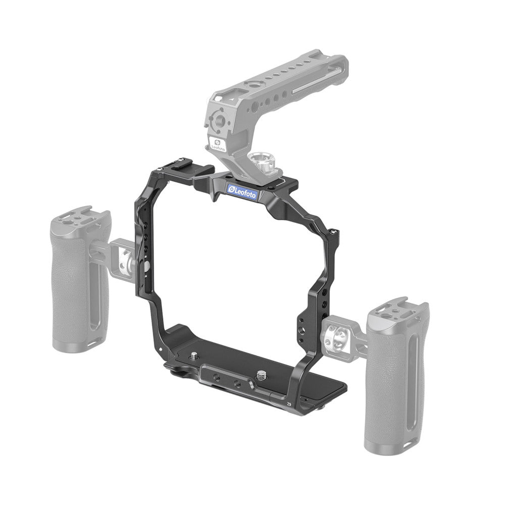 Leofoto Z9 camera cage shown in isometric view with side handles, top monitor mount, and baseplate against white background.
