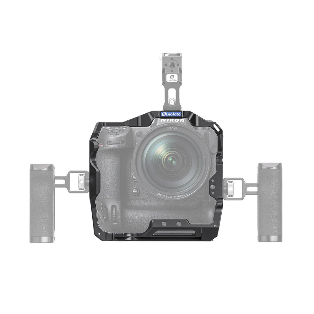 Leofoto Z9 camera cage mounted on Nikon Z9, front view showing black aluminum frame with side handles and top mounting plate.