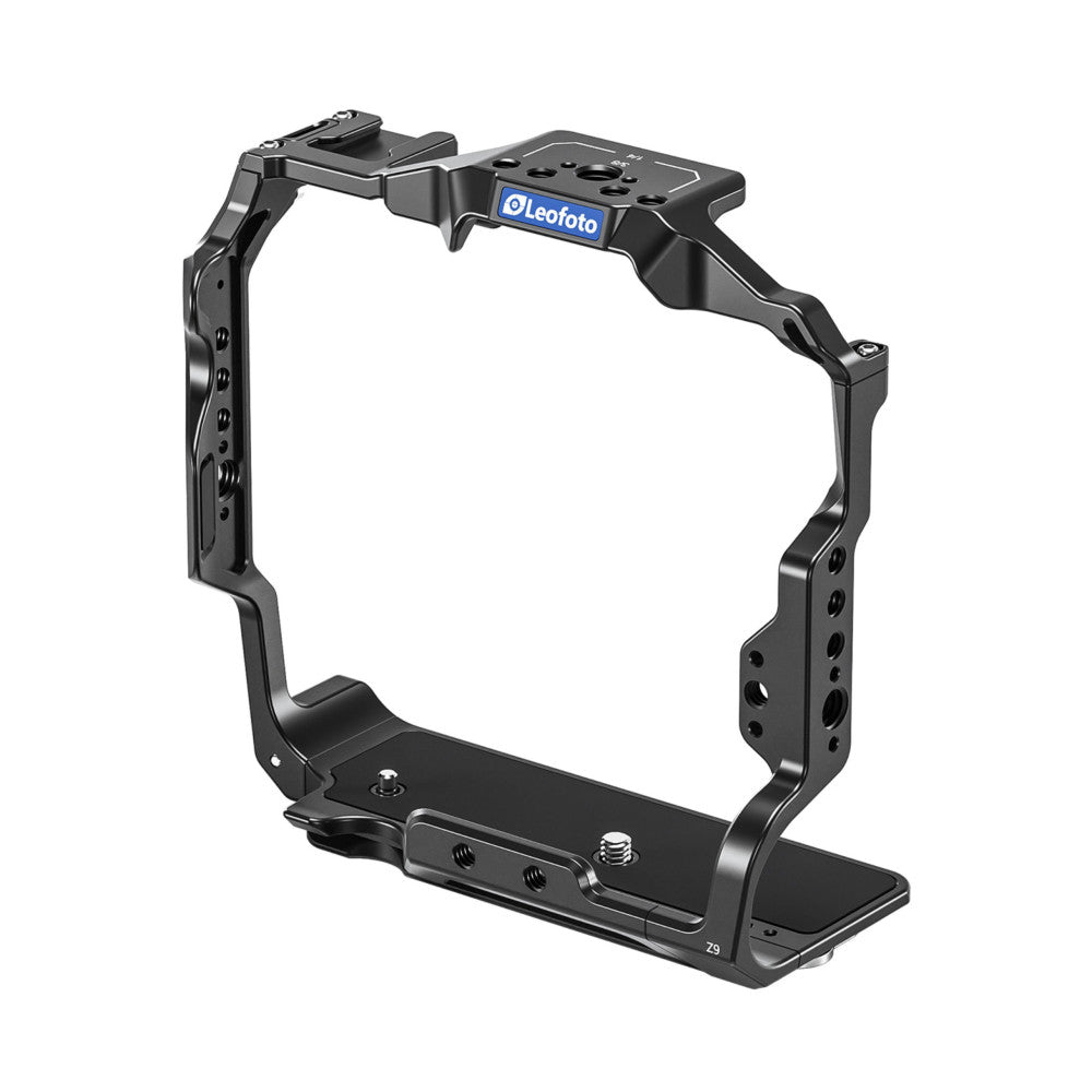 Black aluminum camera cage frame with Leofoto branding, shown from isometric angle with mounting plate at bottom and top handle bar visible.