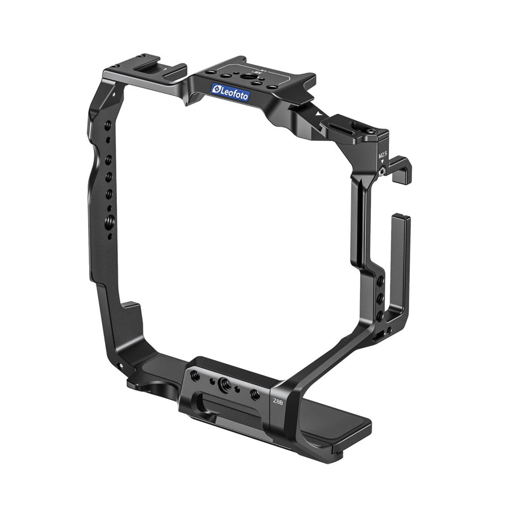 Black metal camera cage frame with blue Leofoto branding, shown from isometric angle against white background.