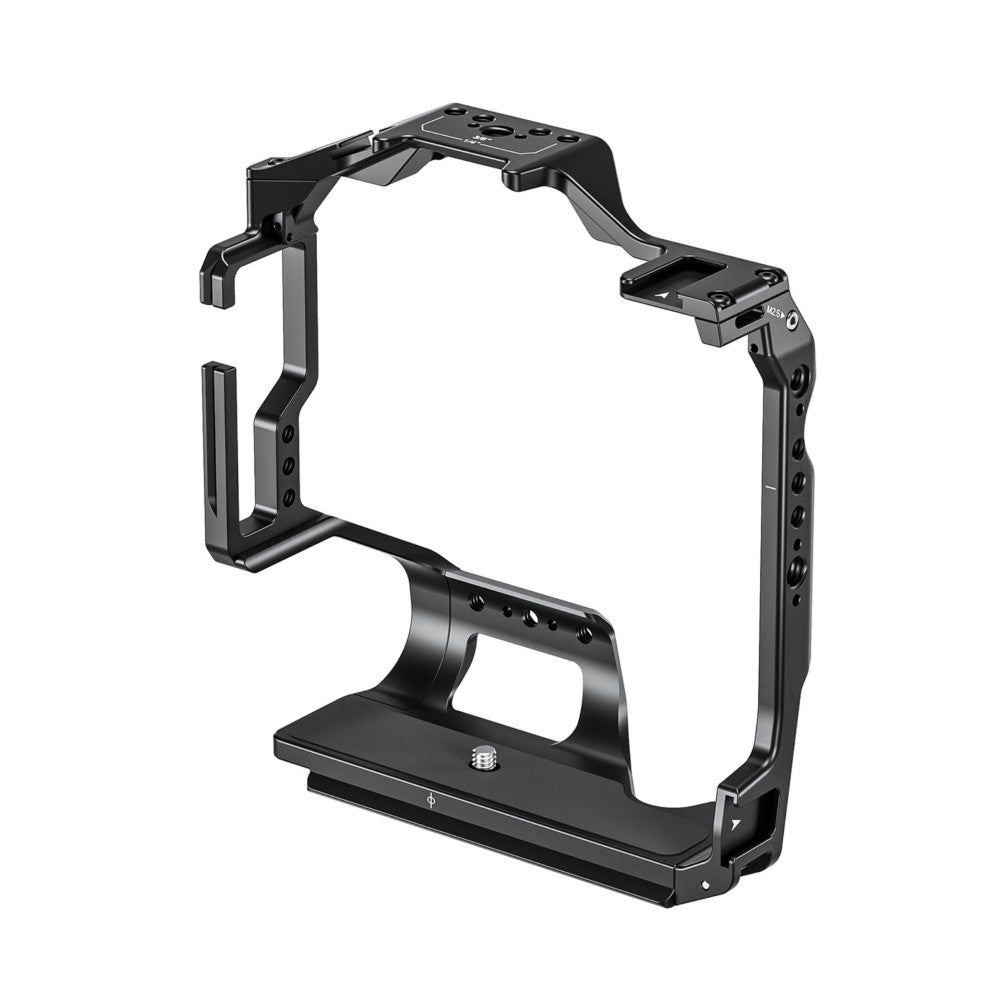 Black metal camera cage with top handle and side rails, shown from an angled three-quarter view against white background.