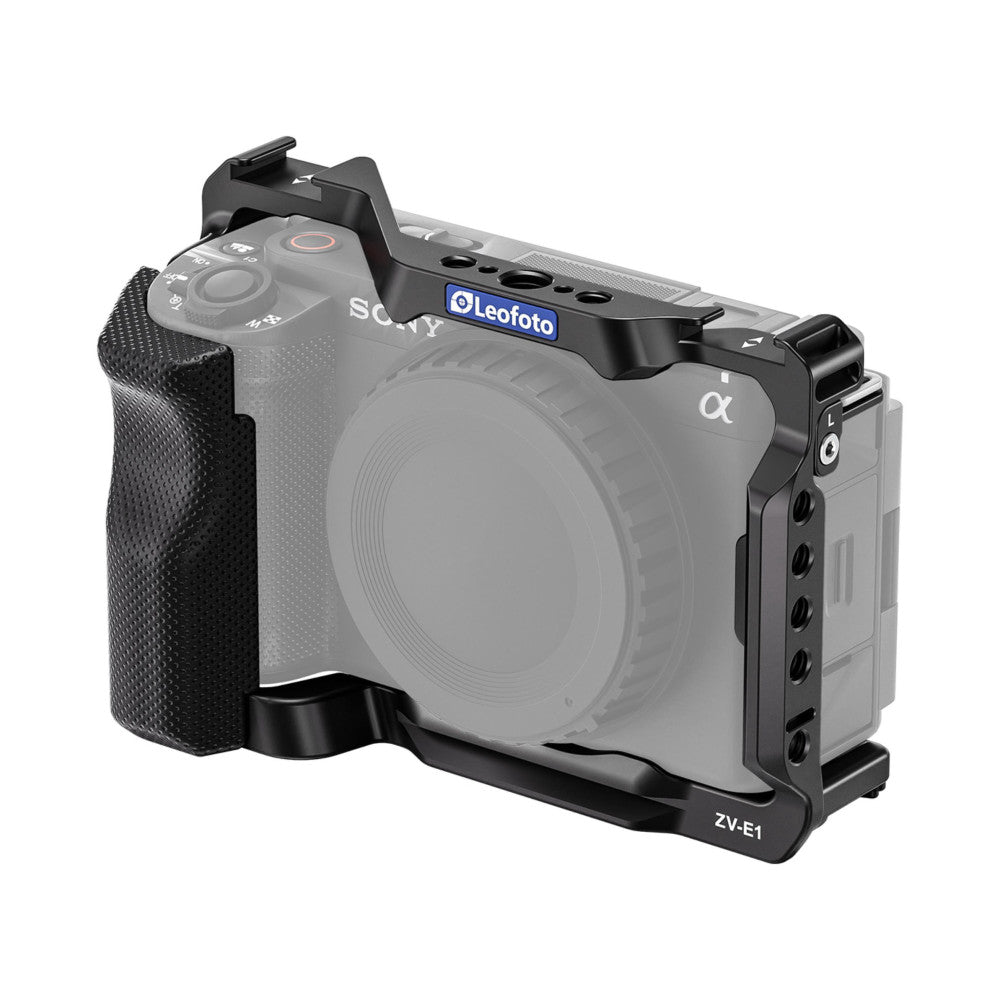 Black camera cage mounted on Sony ZV-E1 camera, shown from three-quarter front angle with left-side grip visible.