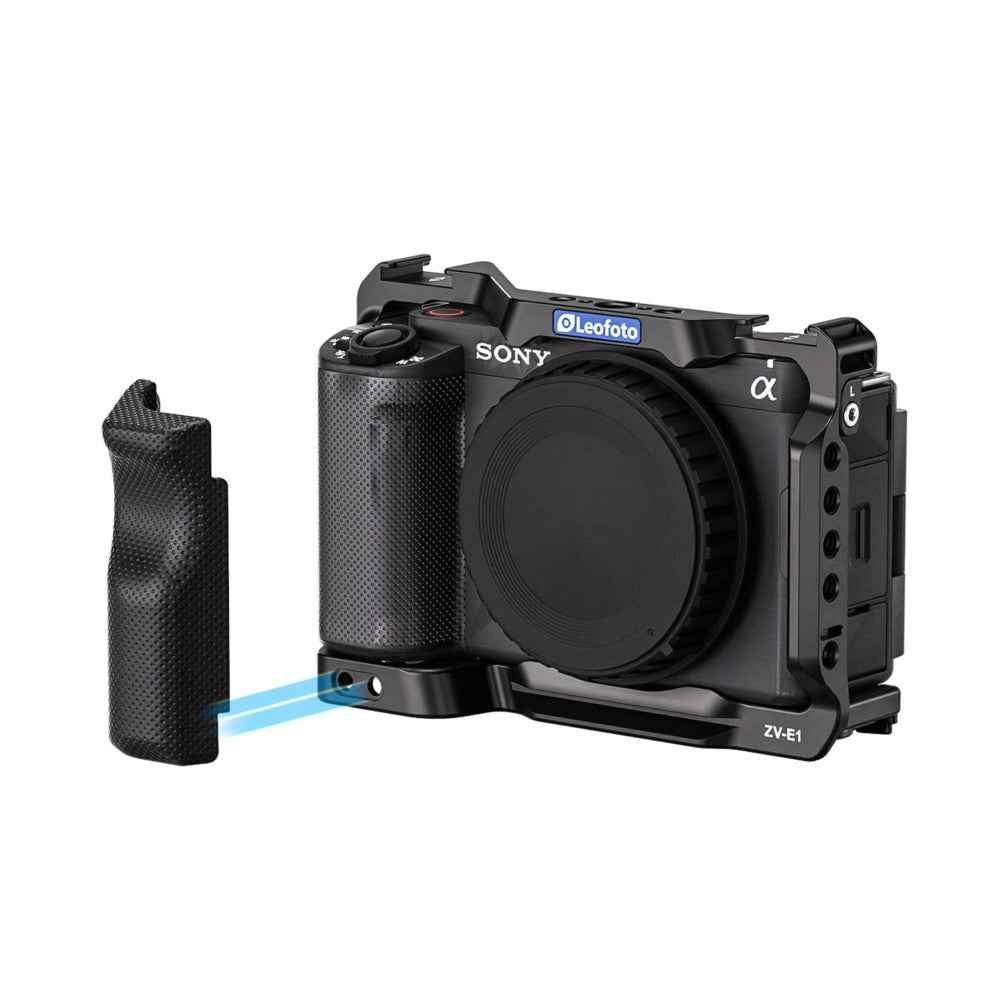 Leofoto ZV-E1 camera cage displayed with Sony ZV-E1 mirrorless camera mounted, showing front-left angle with included hand grip accessory beside it.