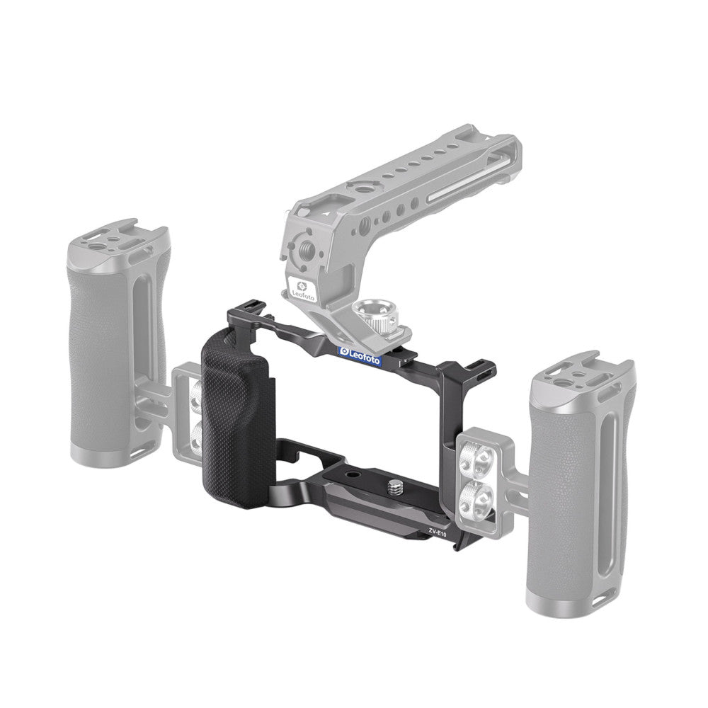 Leofoto camera cage with side handles and top mount displayed in exploded isometric view showing individual components.
