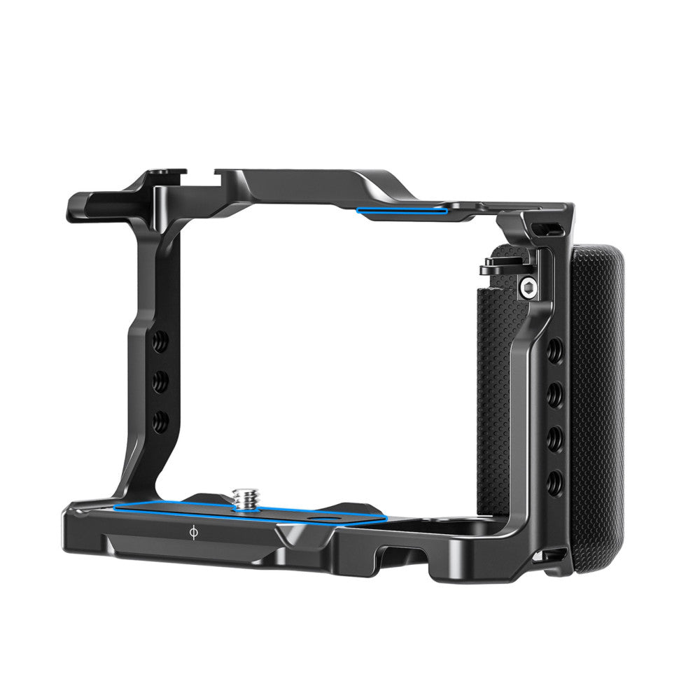 Black aluminum camera cage with blue accents, side view showing right-side grip and mounting points against white background.