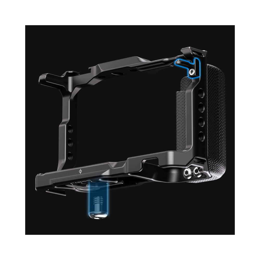 Black aluminum camera cage with blue accent details shown in isometric view against dark background, displaying frame structure and mounting points.