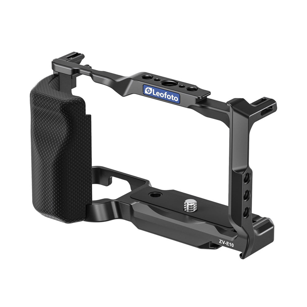Leofoto ZV-E10 camera cage shown at an angled three-quarter view, displaying the aluminum frame, side handle, and padded grip attachment.