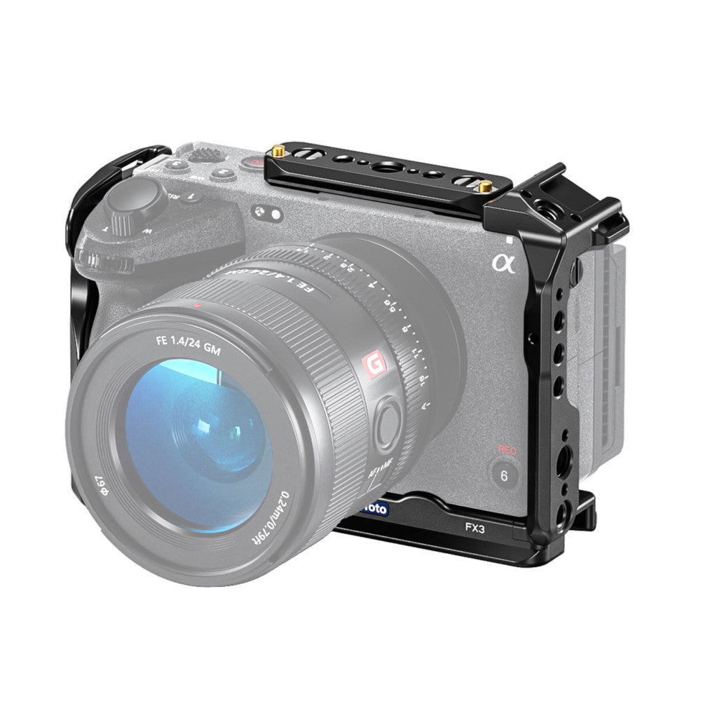 Black aluminum camera cage mounted on Sony mirrorless camera, shown from front-right angle with top handle and side grip visible.