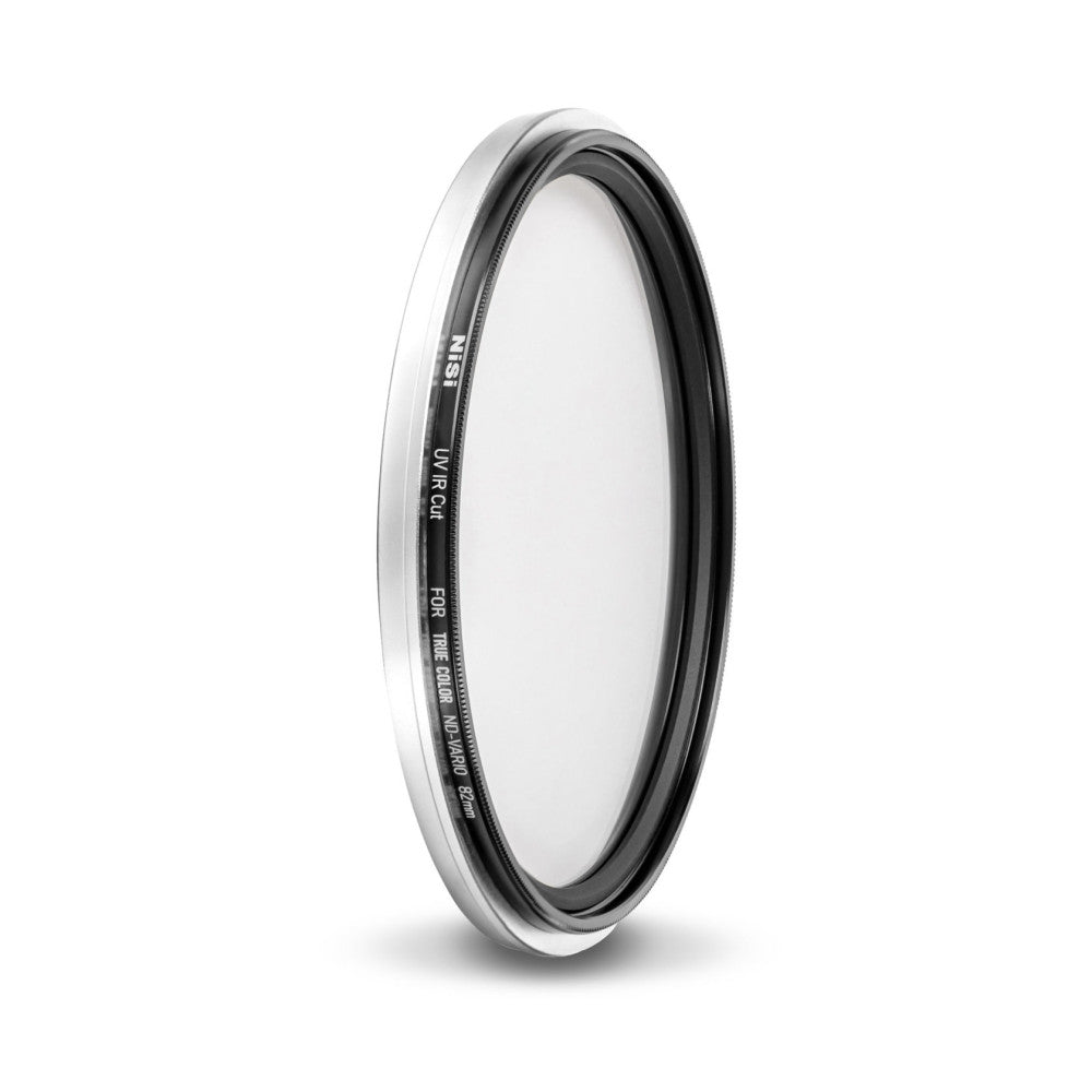 Circular optical filter with white and black metal ring shown at an angle against white background, displaying product text on the dark band.