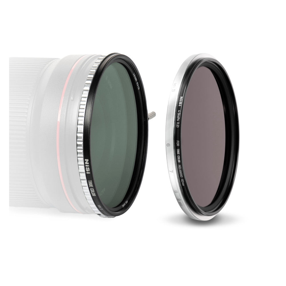 Two circular camera filters displayed side-by-side against white background, showing the NiSi ND filter on left and Black Mist filter on right with their dark glass elements visible.