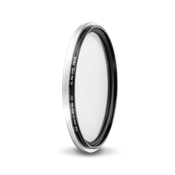 Side angle view of a circular camera filter with white outer ring and black inner frame, displaying text markings on the edge against a white background.