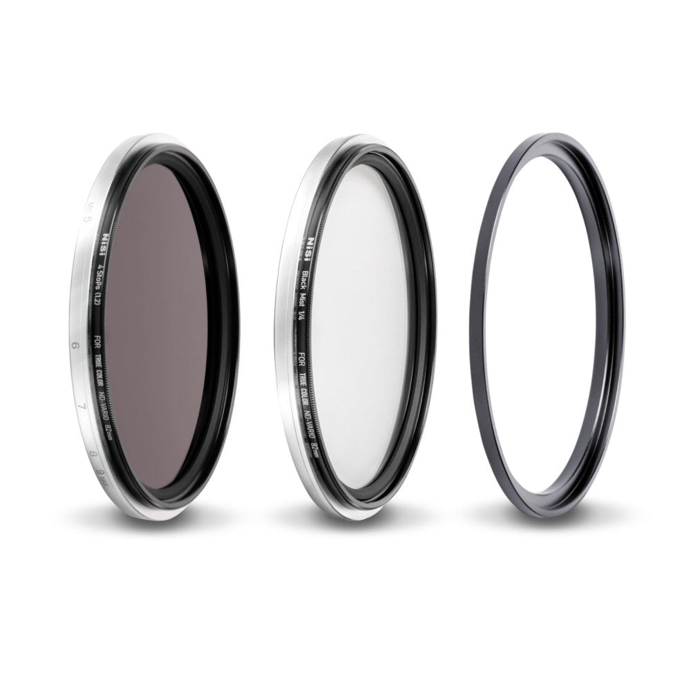 Three camera lens filters displayed side by side showing their glass elements and metallic rings against a white background.