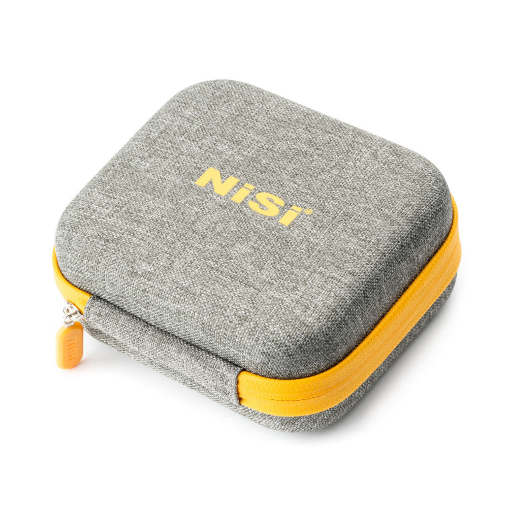 Gray and yellow fabric carrying case with "NiSi" branding and yellow zipper, shown at an angle against white background.