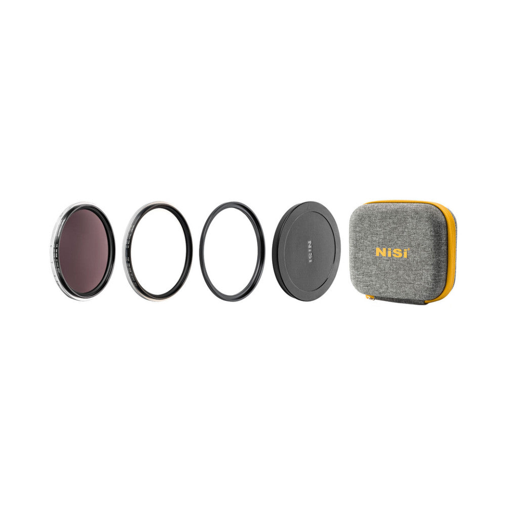 Five camera filters and accessories displayed in a row: a dark ND filter, two clear protective filters, a lens cap, and a gray fabric carrying case with yellow accents.